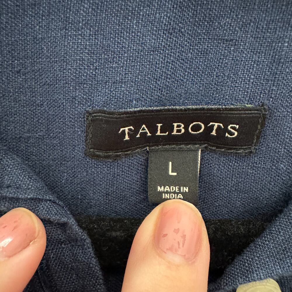 Talbots 100% Linen Button Up Shirt Sz L Navy Blue Pockets Coastal Minimalist - Picture 4 of 8